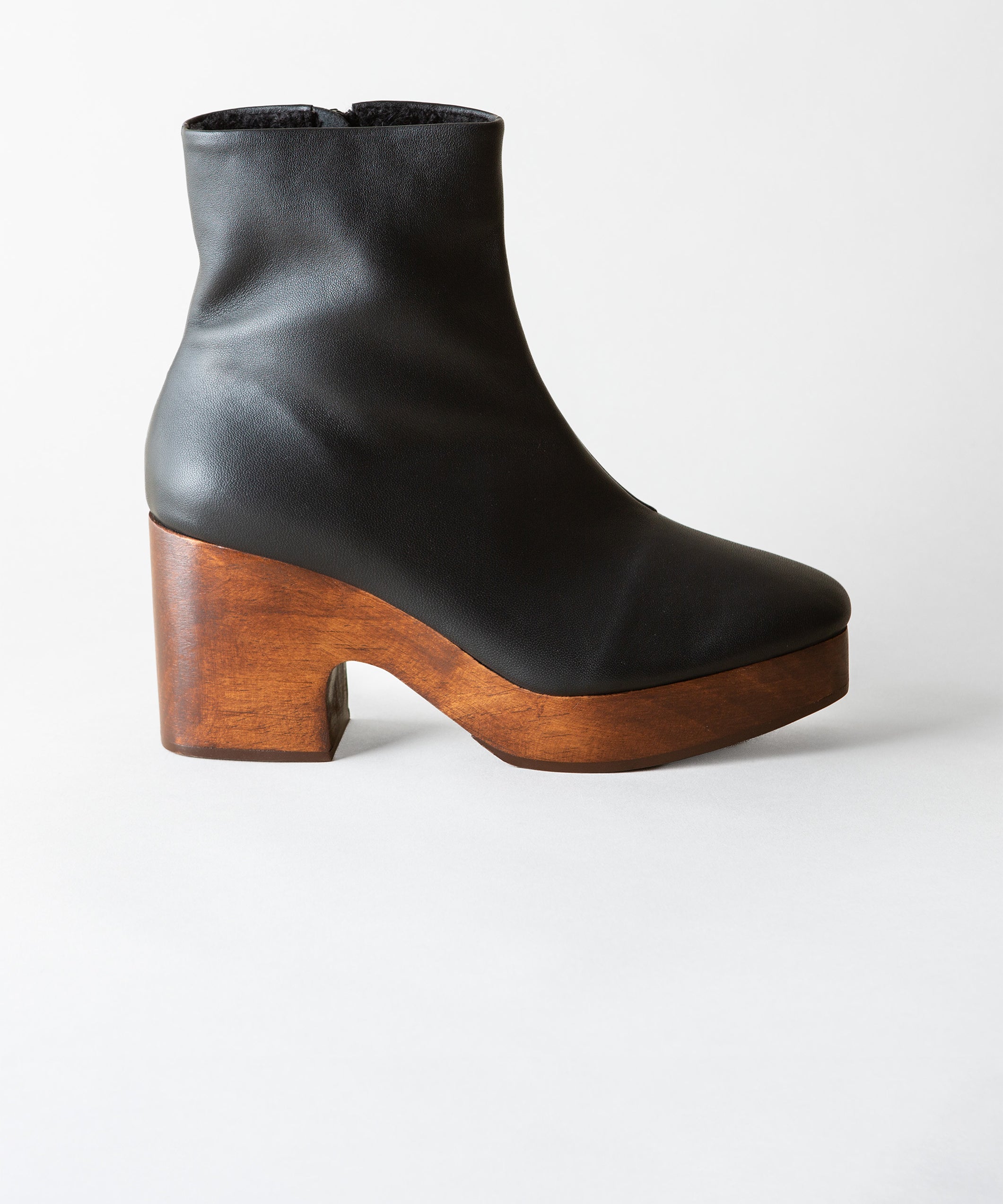 Black leather platform clog boot