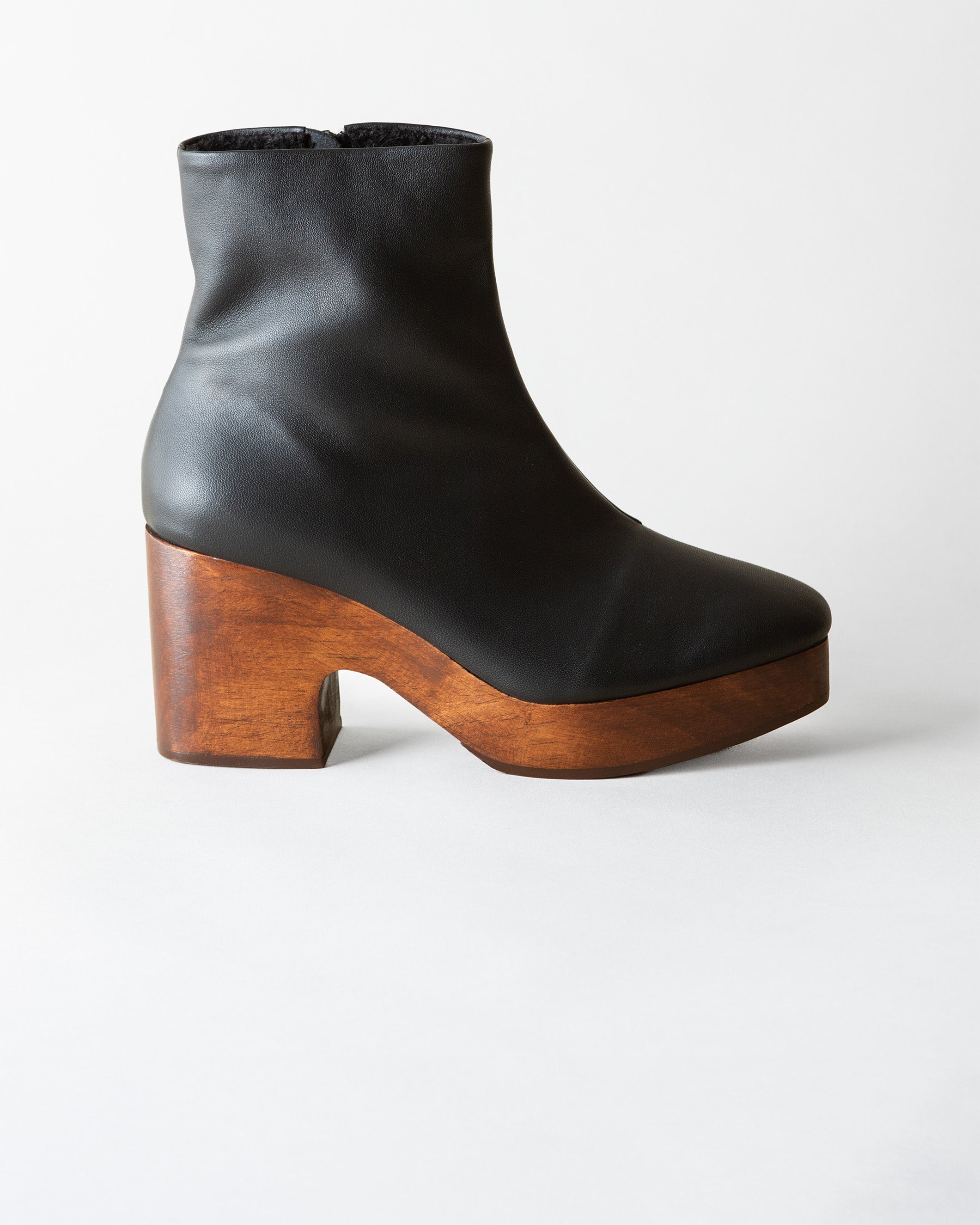 Black leather platform clog boot