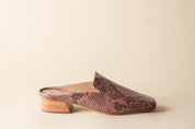 Snake print slipper with wooden heel on a beige background