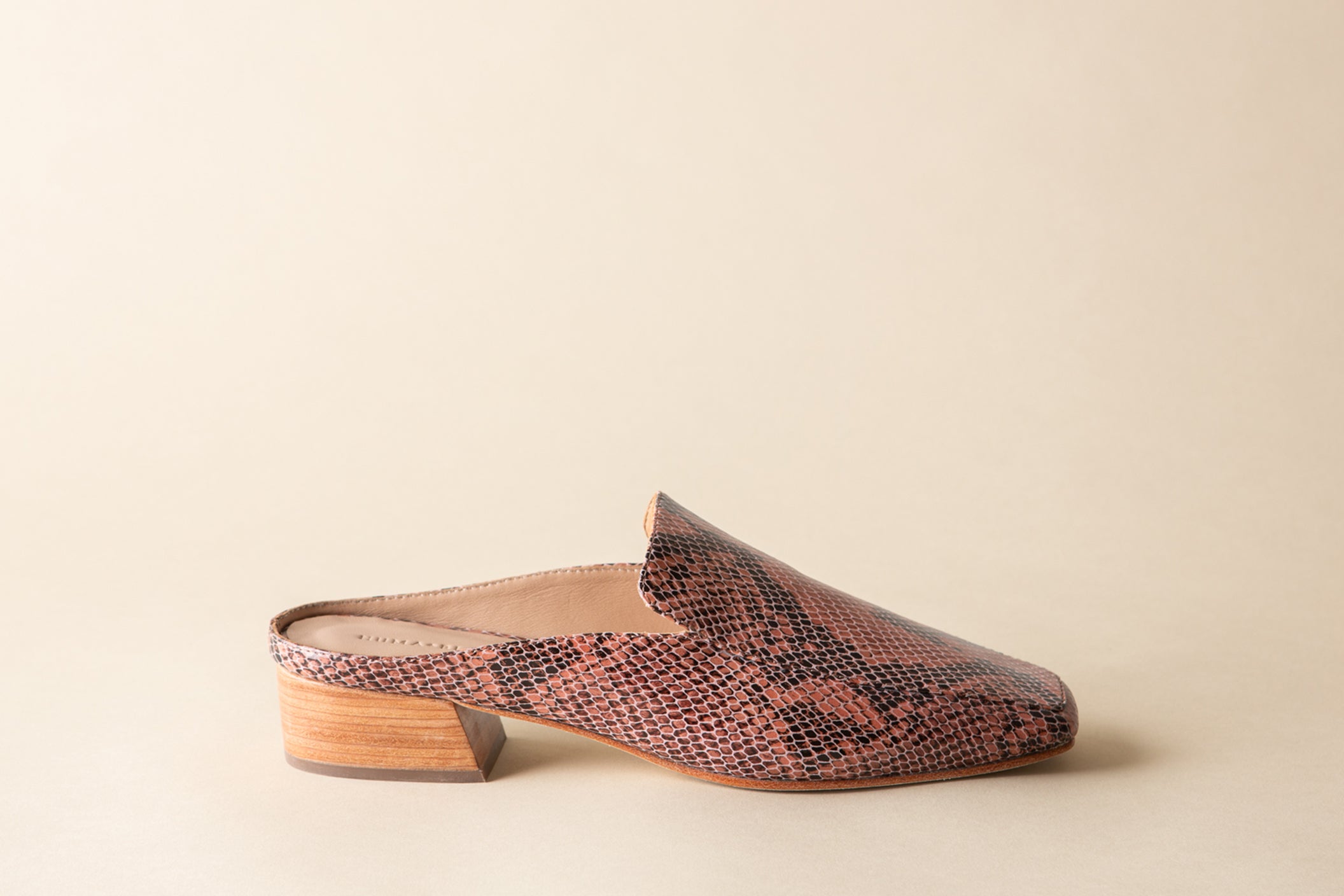 Snake print slipper with wooden heel on a beige background