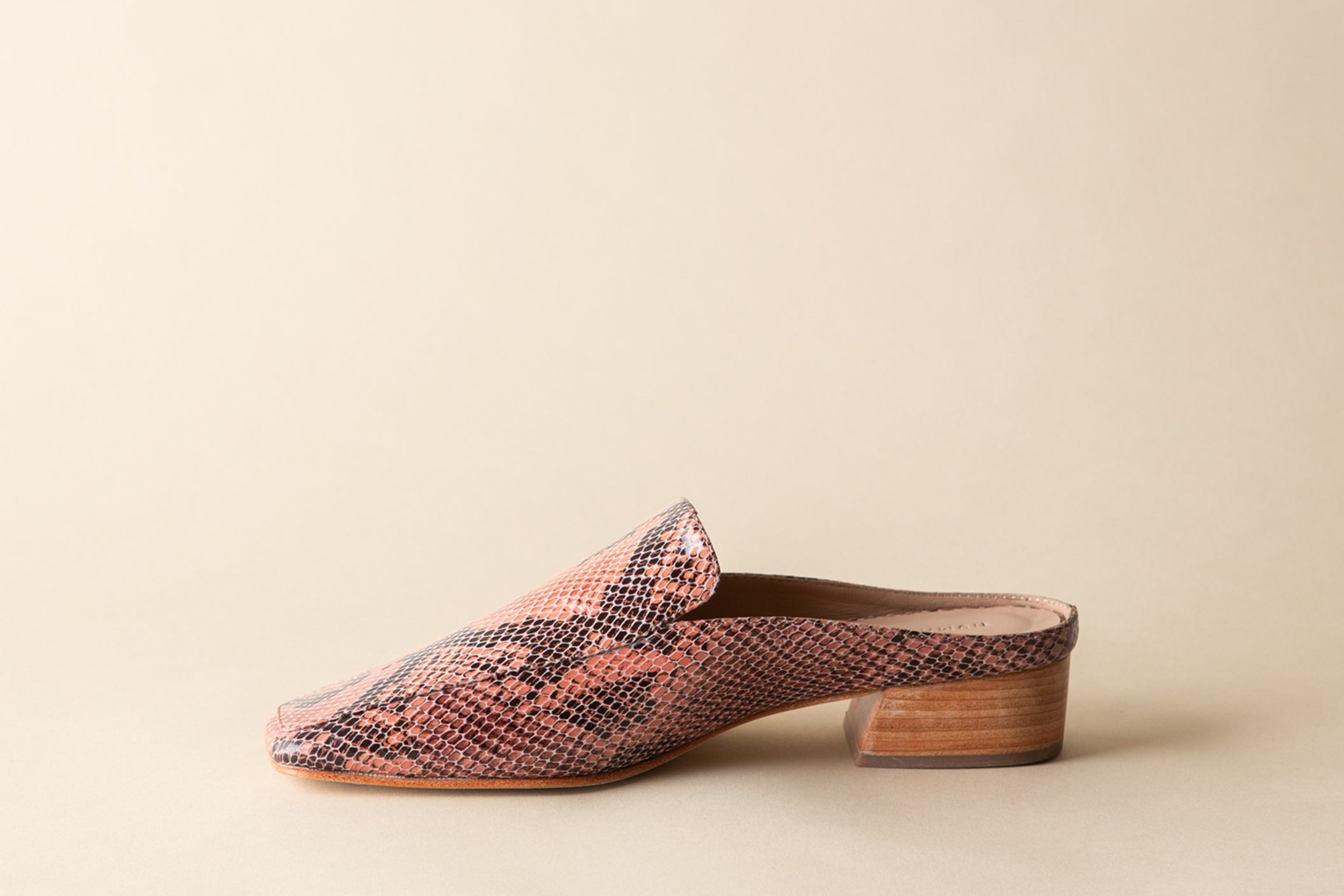 Snake print slip-on shoe with wooden sole on a beige background